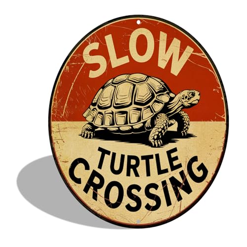 Round Aluminum Sign Decor Vintage Slow Turtle Crossing Sign- Retro Metal Tin Wall Art, Garage Cafe Decor 8x8 Inch (2542)
