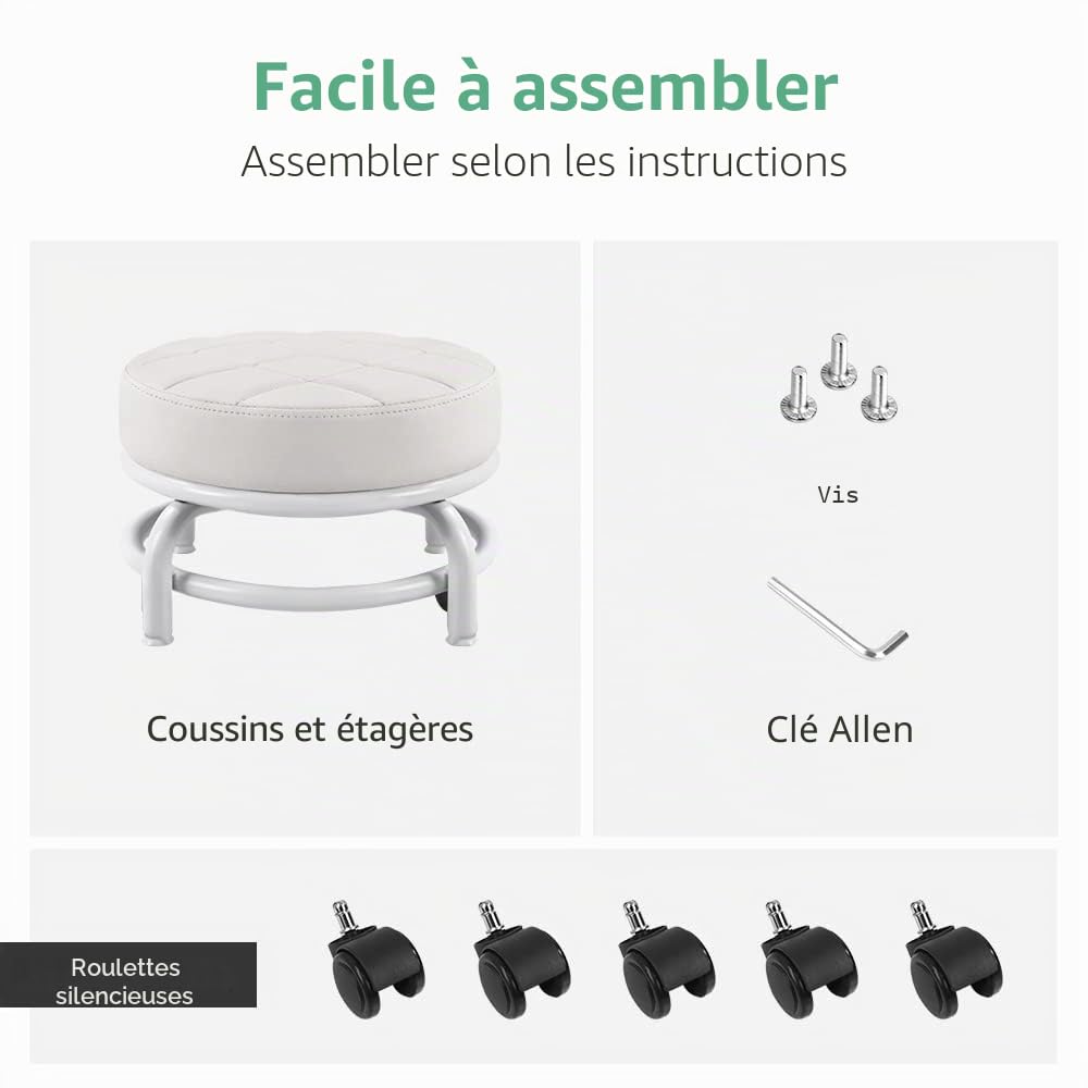 FURWOO Roller Seat PU Cuir Tabouret Bas Rond Roulant avec Roulettes Universelles pour Pédicure, H: 25.5cm (Blanc)