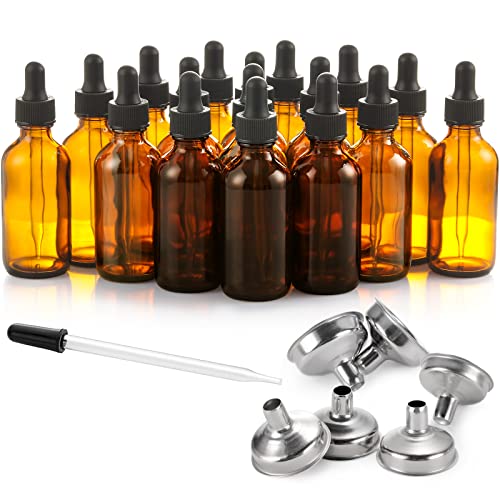 24 Pcs, 2 oz Dark Amber Dropper Bottles with 6 Small Funnels & 1 Long Glass Labels - 60ml Tincture...