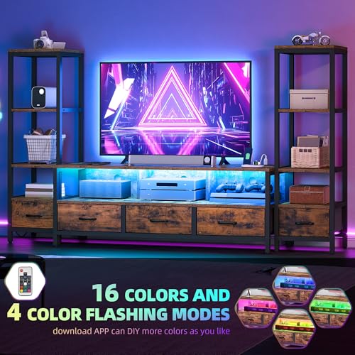 DWVO Entertainment Center with Bookshelves, LED TV Stand for 65/60 inch TV, Retro TV Stand for Living Room with 2 Industrial 4-Tier Bookshelves & Power Outlets,Rustic Brown