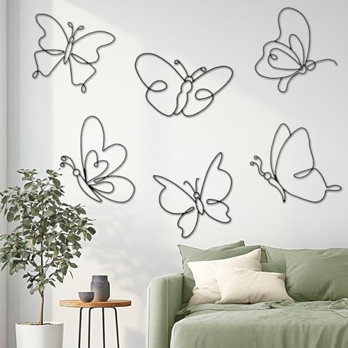 Image of Hotop 6 Pieces Metal Butterfly Wall Decor 8 Inch Black Butterfly Wall Art Different Shapes Hanging Decor Minimalist Wire Art for Kitchen, Bedroom, Outdoor
