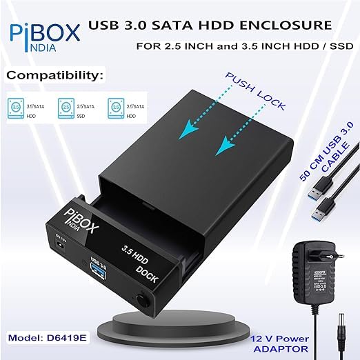 Image of (Refurbished) PiBOXIndia Hard Drive Enclosure,USB 3.0 External Hard Drive Docking Station for 3.5 /2.5 Inch SATA Hard Drives /SSD with 16 TB+, Tool-Free HDD Enclosure D6419E-FLAT - Black