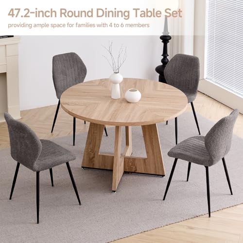 Image of 47 inch Round Dining Table Set for 4, Kitchen Table and Chairs | Wooden Cross Base, Boucle Fabric Chair, for Apartment