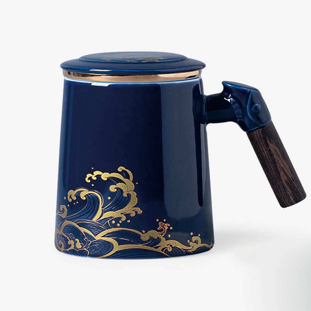 HSQMA Tasse À Thé en Céramique avec Couvercle, Tasse À Thé avec Poignée en Bois, Tasse À Thé avec Filtre pour La Maison Et Le Bureau，Parfaite pour Le Bureau Et La Maison (Color : Dark Blue)
