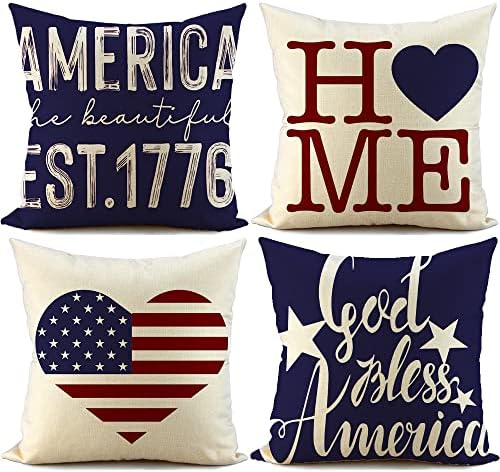 FIBEROMANCE 4th of July Decorations Pillow Covers 18x18 Set of 4 Memorial Day Patriotic Throw Pillow Covers God Bless America Flag Stars and Stripes Independence Day Decor for Home