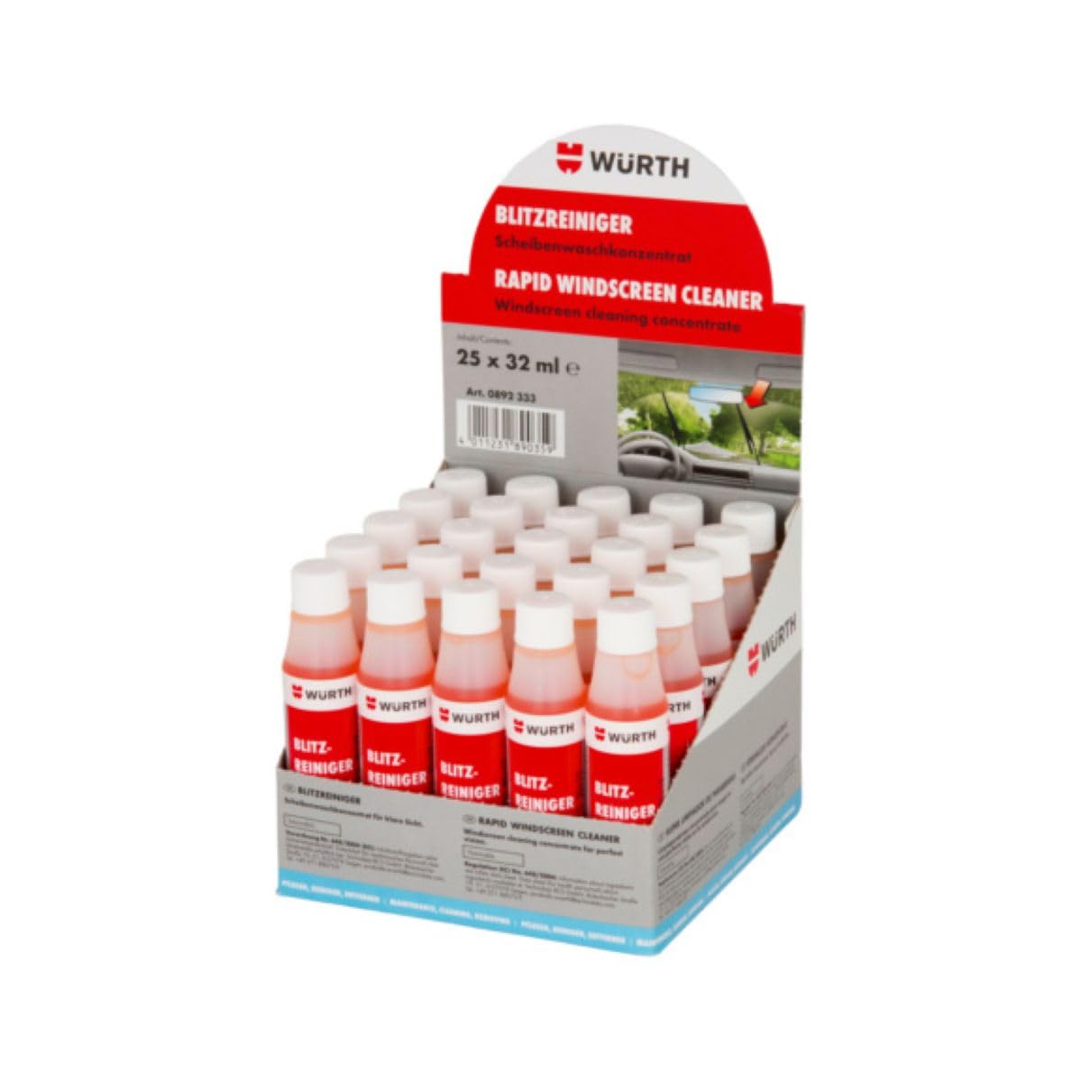 WURTH Limpiaparabrisas Concentrado, 32 ml, Pack 25 Monodosis, Detergente con Agentes Anti Cal para 3 Litros
