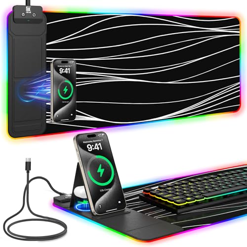 Image of Mouse Pad with Foldable Phone Holder & Wireless Charger, XL RGB Gaming Mousepad 31.5 inchx11.8 inch Large Desk Mat for Keyboard, Home Desk Pad with Dual Qi Charging Station | 11 Colors & 5 Modes | Waterproof