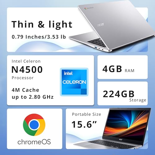 Image of Acer Chromebook 315 15.6 inch FHD Laptop, Intel Celeron N4500, Intel UHD Graphics, 4GB LPDDR4 RAM, 224GB Storage(64GB eMMC & 160GB Docking Station Set),Numeric Keypad, HD Webcam, Silver, Chrome OS
