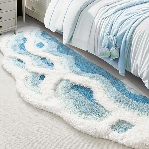 ZSHIFANG Tapis de Chevet Doux à Poils Longs avec Motif Vague stéréo 3D - 50,8 x 91,4 cm - Bleu Marine - Antidérapant - Lavable - pour Chambre à Coucher, Salle de...