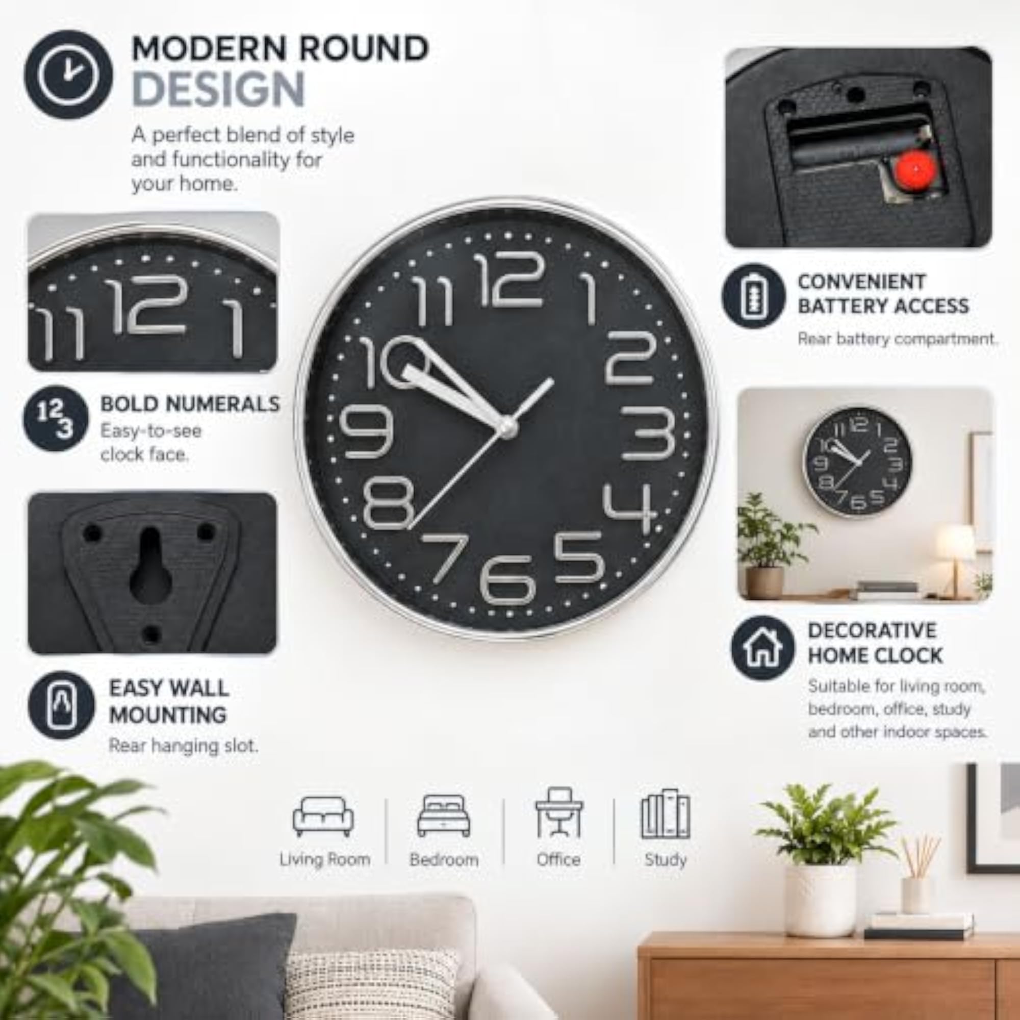 Silver Square Wall Clock, Modern Analog Design