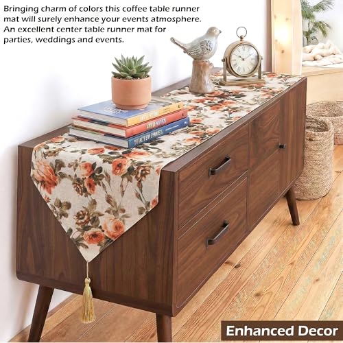 Image of Kuber Industries 16x68 inch Jute Table Runner for Party, Wedding and Family Dinners | Reusable Centre and Dining Table Runner | Flower Print - Orange