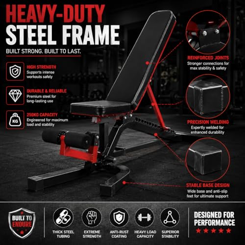 Image of Adjustable Workout Bench for Home Gym | Multifunctional Incline Decline Bench with Preacher Curl Pad & Leg Support | Full Body Strength Training Bench for Men & Women (Black & Red)