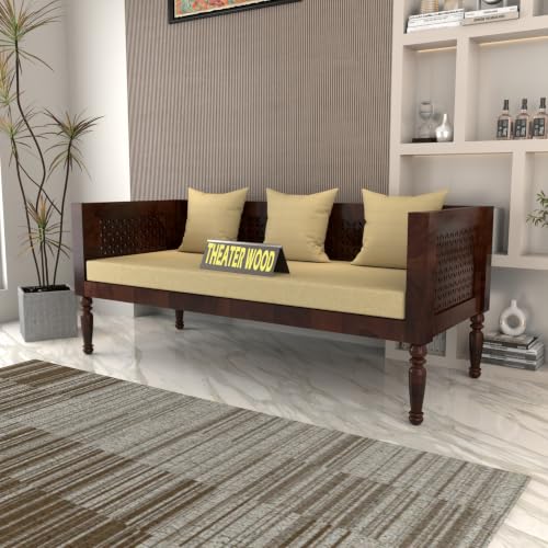 Image of Solid Sheesham Wood 3 Seater Sofa for Living Room | Wooden Couch for Hall | Set with Base Cushion for Office & Lounge | Rosewood, (Walnut)