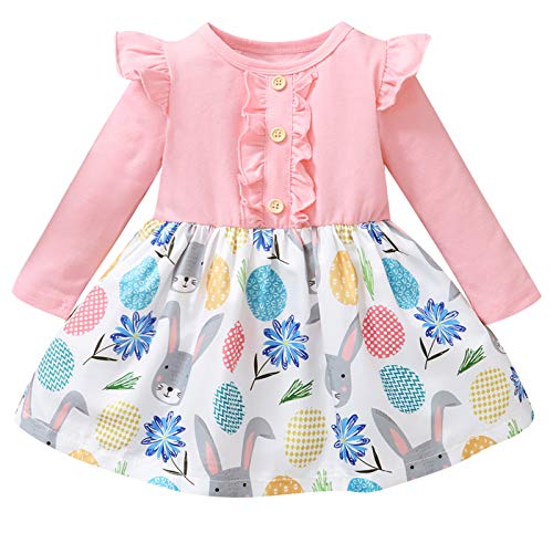 Kids Baby Girls Easter Day Dresses Bunny Rabbit Print Princess Dress Ruffled Layered Shoulder Long Sleeve Sundress Outfits (Pink, 2_Years)