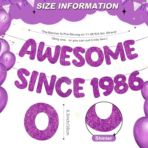 Image of Fulmoon Pre-strung Awesome Since 1986 Banner Glitter Happy 40th Birthday Banner Funny 40th Birthday Decorations 1986 Party Decorations for Men Women Anniversary(Purple)