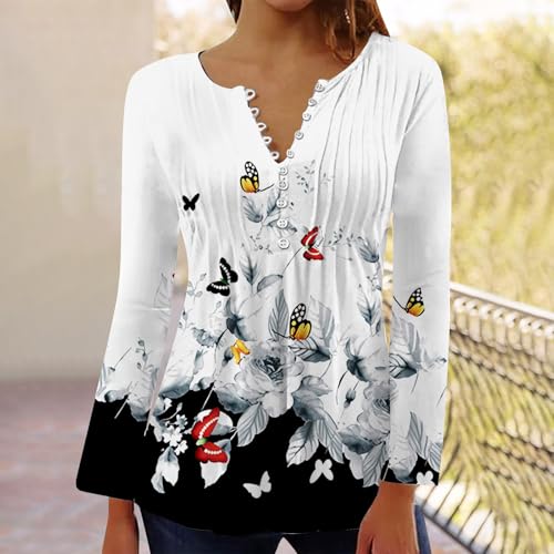 Blusas femininas casuais com botões plissadas e soltas de manga comprida para outono túnicas elegant