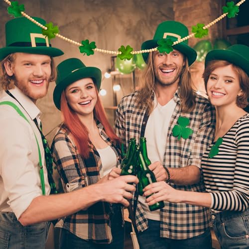 Image of St Patricks Day Garland, 3D Felt St Patricks Shamrock Banner with Wooden Beads for St Patricks Day Decor Irish Hanging Bunting Garland for St. Patrick's Day Home Mantel Wall Decor