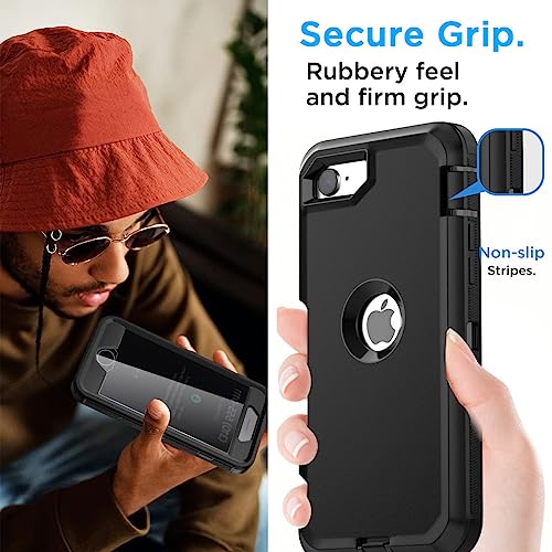 Image of AICase for iPhone SE Case 3rd & 2nd Generation, for iPhone SE 2022 /2020 Built-in Screen Protector Heavy Duty Protective Shockproof 3-Layer Full Body Rugged Phone Cover, Black