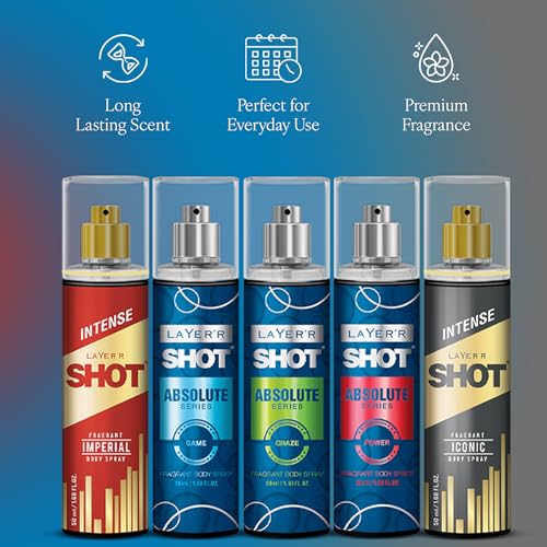 Image of LAYER'R SHOT Body Spray Combo for Men, 50ml Pack of 5 | Craze, Game, Power, Iconic & Imperial | Long-Lasting Deodorant Set with Bold, Fresh, Warm & Spicy Fragrance | Perfect All Day Freshness & Every Occasion