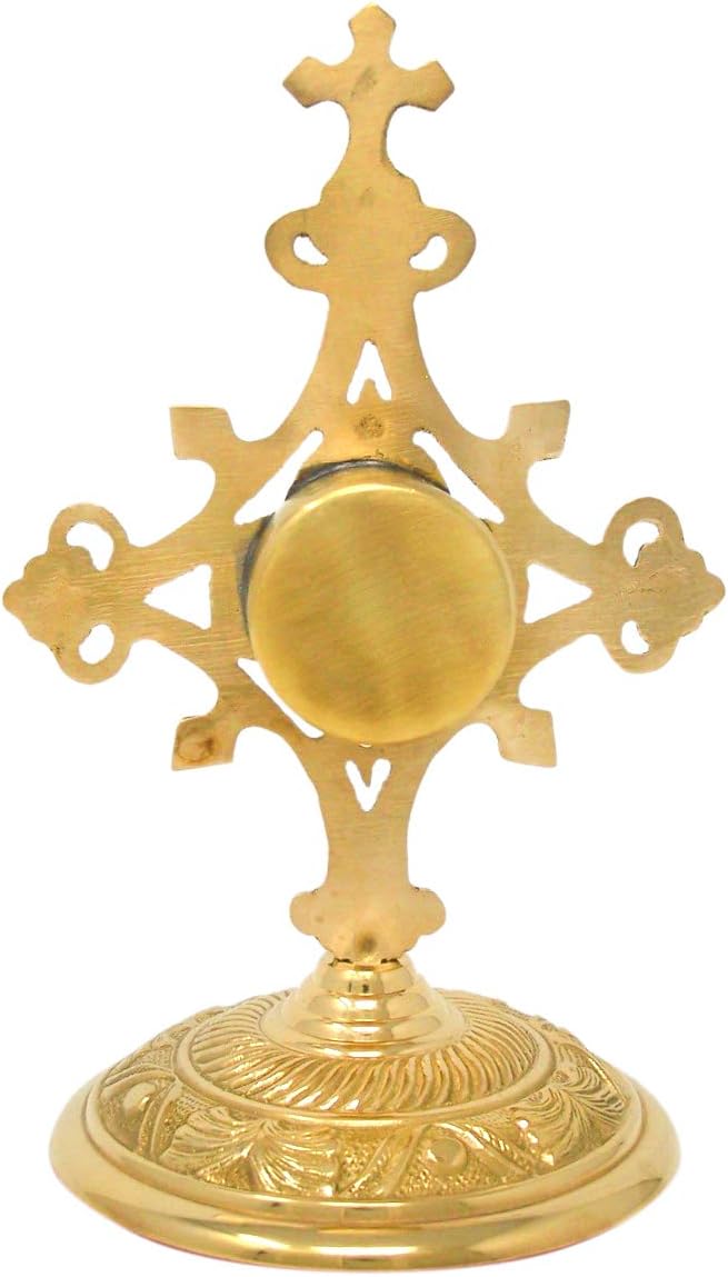 Needzo Small Brass Monstrance, Cross Shaped Reliquary, Catholic Church Supplies, 9 Inches