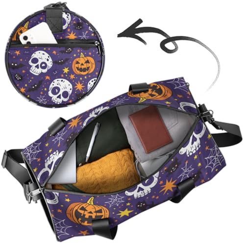 Halloween Caveman Round Barrel Sports Fitness Bag, Deep Purple Travel Luggage Bag, Reusable Handbag, Suitable For Men and Women4