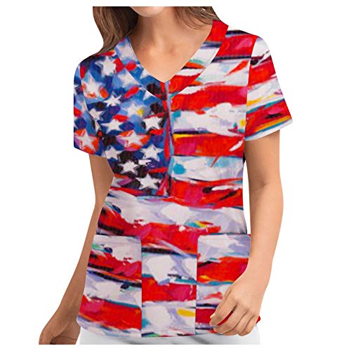 BEUU Independence Day Scrub_Tops for Women Short Sleeve Vneck Flag Print Holiday Tops 4th of July Casual Loose Shirts Womens Shirts Valentines Shirts for Women Women 's T-Shirts Trendy Shirts