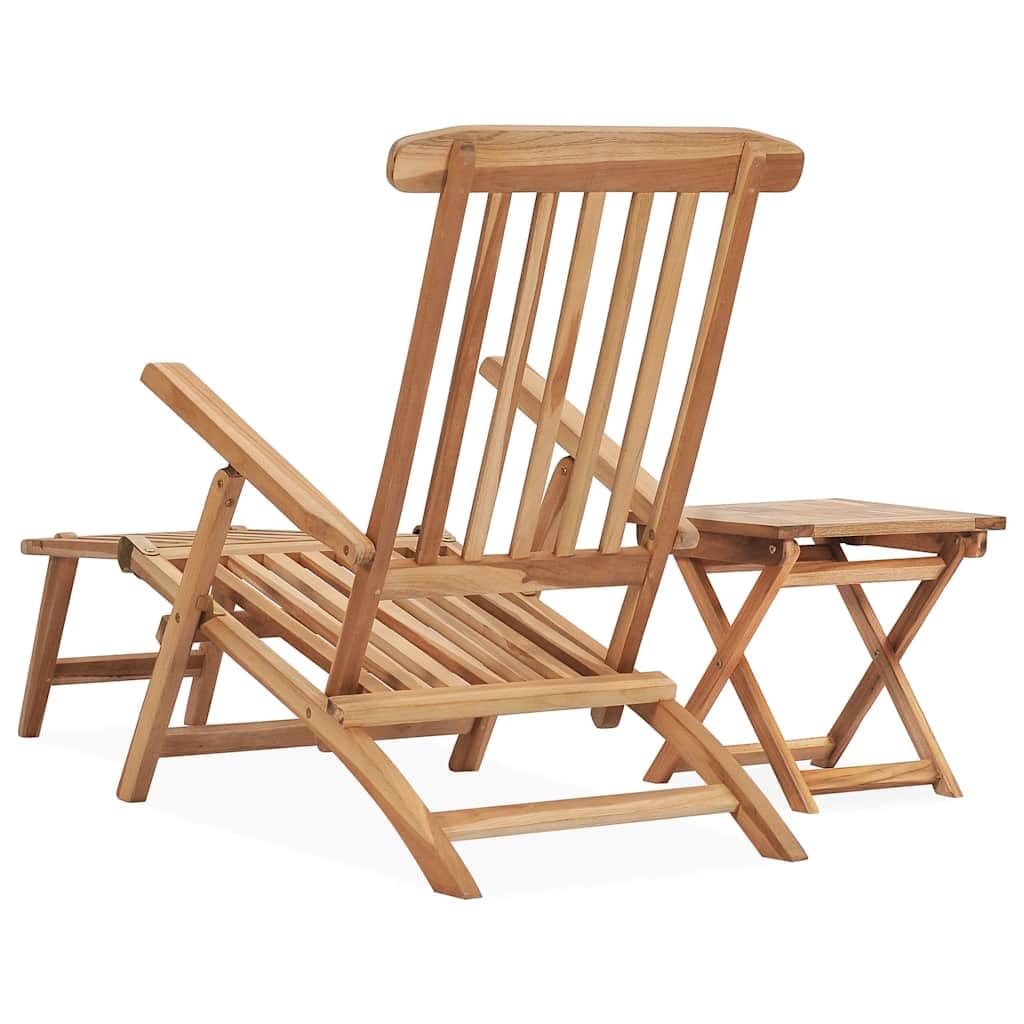 Leżak ogrodowy z litego drewna tekowego z podnóżkiem i stołem, składany i regulowany, odporny na warunki atmosferyczne, na balkon, taras, na zewnątrz, ergonomiczny i wygodny, z oparciem