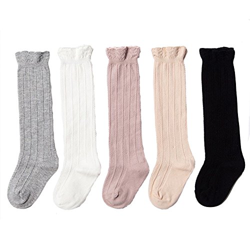 Unisex Baby Socks Toddler Girl Cable Knit Knee-High Tube Ruffled Stockings (6-12 Months, 5 Colors as show)