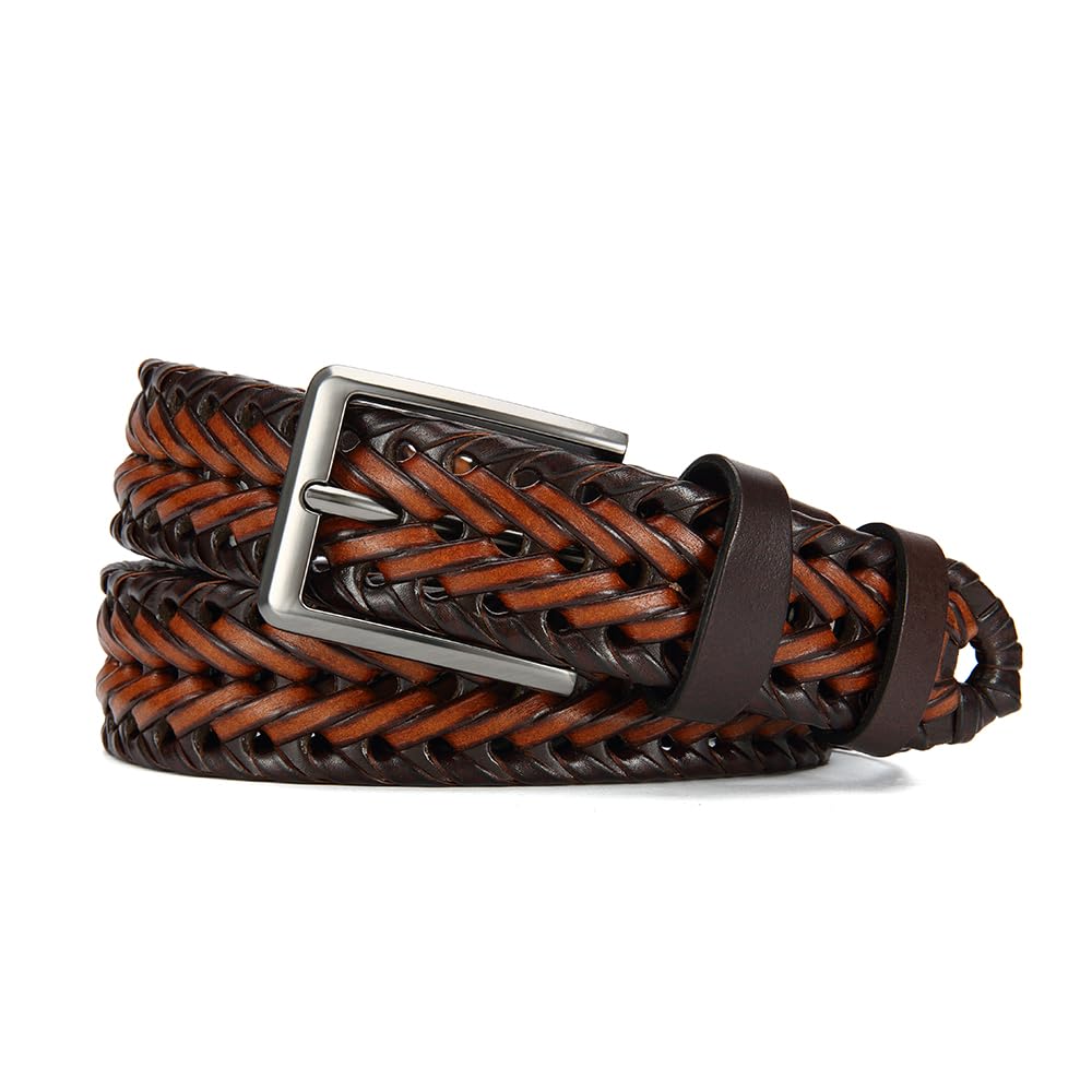 Cinturón trenzado de cuero para hombre, correa de golf de 1 3/8 pulgadas, caja de regalo de jeans casuales, Marrón intenso, 34 - 38 pulg., cintura ajustable 5