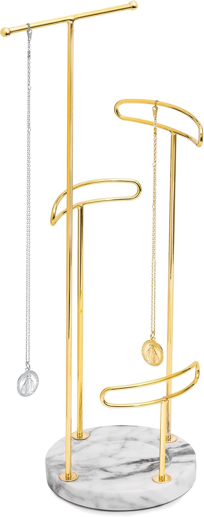 Sasha Morel Women's Gold 4 Tier Jewellery Stand | Hanging Tree Jewellery Organiser | Necklace Stand With Marble Tray | Ring Holder Organiser Storage For Bracelet, Earring, Watch - (Gold)