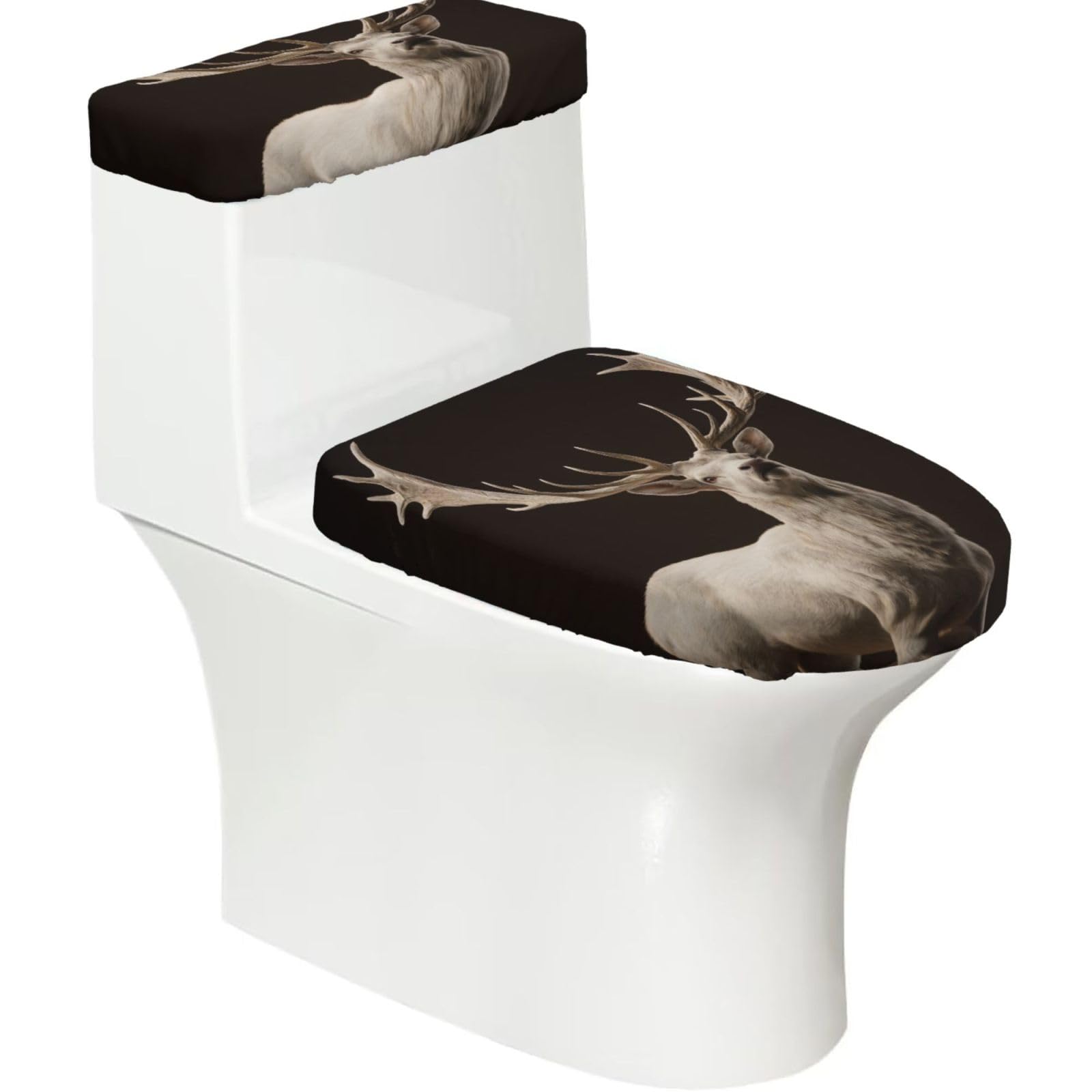 Cntdbu Black Deer Antler Pattern Elastic Toilet Cover Set Of 2-Stretchy Lid And Tank Covers For Bathroom, Soft Washable U Shape Toilet Decor