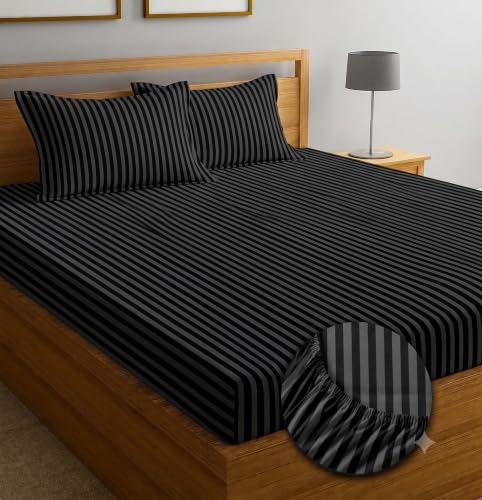 Image of Satin Striped Glace Cottonelastic Fitted bedsheets Double Bed with 2 Pillow Cover| 72 x 78 Inch | Fits Up to 10 Inch | Soft & Smooth Hotel Collection | Breathable, Fade Resistant