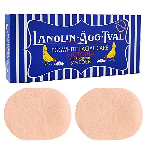 Victoria Soaps of Sweden Swedish Facial Soap Lanolin-Agg-Tval 50g x 6 with Cleansing Sponge -2CT (Dry Skin/All Skin Type)