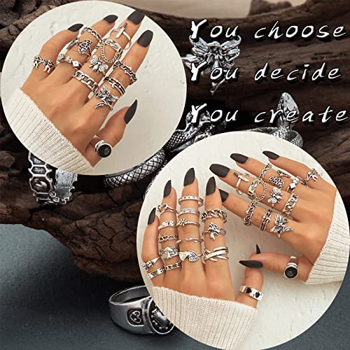 Image of IFKM Vintage Silver Knuckle Rings Set for Women, Stackable Joint Finger Statement Rings Bohemian Retro Hollow Carved Midi Rings, Boho Halloween Skeleton Skull Snake Heart Chunky Stacking Rings Pack