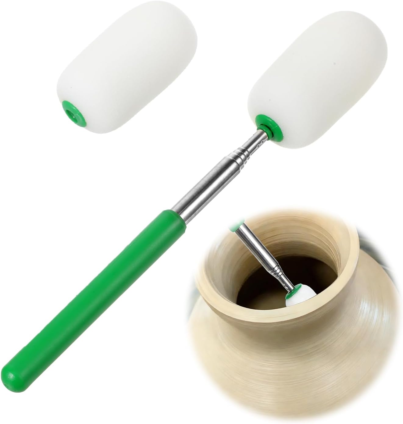 Telescoping Sponge Stick for Pottery, Stainless Steel Handle with 2 Detachable Sponge Heads, Adjustable Tool for Removing Water and Shaping Tall Narrow Vessels, 9.25-28.14 Inches Long
