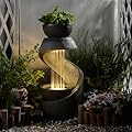 31.9" S-Shaped Water Outdoor Fountain–Modern Cascading Waterfall Feature with LED Lights & Planter Bowl, Garden Fountains Outdoor for Patio, Balcony, Yard or Home Decor, Resin Waterfall
