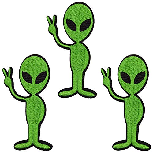 U-Sky Sew or Iron on Embroidered Patches | Cute Green Alien with V-Sign Gesture | Whimsical Space Theme | Kids Teens Sci-Fi Fans | Jackets Backpacks Hats | 3.1