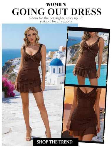 Avidlove Women's Sexy Bodycon V Neck Ruched Ruffle Hem Mini Dress Brown - image 6