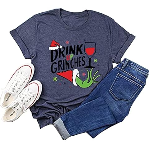 FECAFO Christmas Tshirt Women Xmas Party Tee Tops Funny Cute Graphic Holiday Shirt Casual Letter Print Shirt Tees (Blue, L) Cover