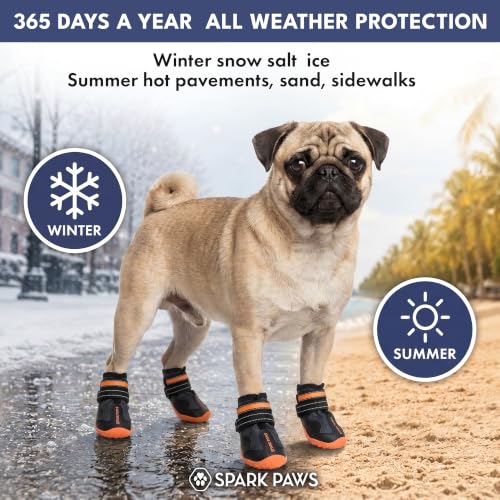 Image of Spark Paws 365 Dog Shoes - All-Weather Paw Protection | Winter Snow Boots & Summer Hot Pavement Booties for Dogs | All-Terrain, Water-Resistant, Black Orange - Size 1