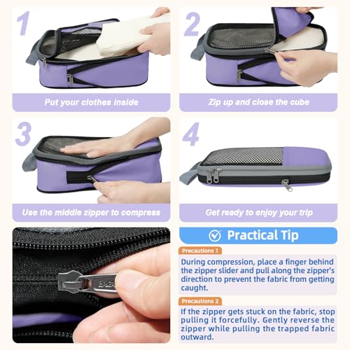 Image of BAGAIL 4 Set /6 Set /8 Set Compression Packing Cubes Travel Accessories Expandable Packing Organizers (Half Mesh, 6-Lavender)