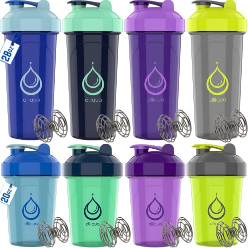 [8 PACK] Protein Shaker Bottles for Protein Mixes | 4 Small 20 oz & 4 Large 28 oz Shaker Cups for Protein Shakes | Dual Mixing BPA Free Blender Shaker Bottle Pack by Diliqua