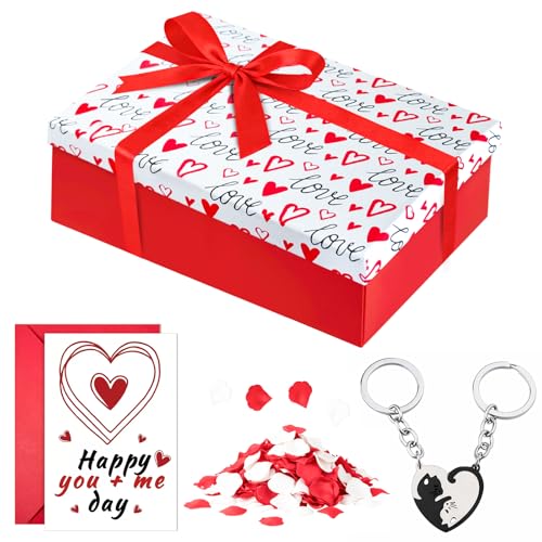 Boite Cadeau Saint Valentin, Coffret Cadeau avec Couvercle, Porte-clés, Carte de Vœux, Ruban, Pétales de Rose Réalistes, Boîte Cadeau Vide Pliable pour Saint Valentin Anniversaire de Mariage