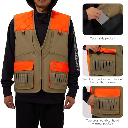 BASSDASH Multi Pockets Upland Field Bird Hunting Vest Blaze Orange Brown Water Resistant Rip Stop for Men Women4