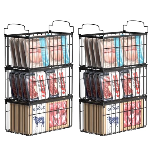 MSERCUOR Freezer Organizer Bins, 6 Pack Stackable Deep Chest Freezer Organizer Bins, Foldable Baskets with Handles, Black Storage Container Baskets for 5/ 7 Cu.FT Deep Freezer Sort Frozen Meats