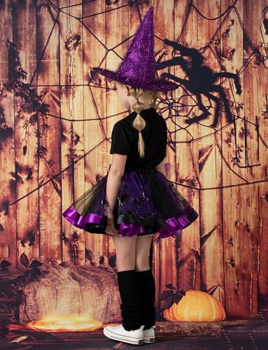 Happy Cherry Toddler Girls Witch Tutu Skirt Set with Hat & Broomstick 3 Pcs Dress Up Halloween Outfits 3-8Y3