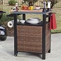 Andehomy 30" Grill Cart Outdoor with Wheels, Outdoor Prep Table with Wicker Storage and Rolling Wheels, Samll Kitchen Island Serving Cart with Stainless Steel Table Top for BBQ, Porch, Patio, Brown