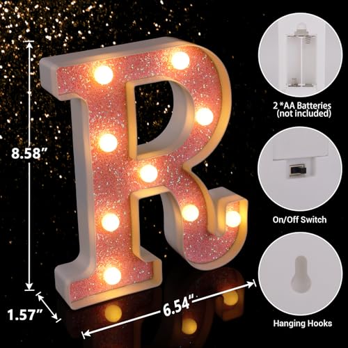 Image of LED Letter Lights Pink Glitter Marquee Letters Light Up Alphabet Letters Sign Battery Powered for Home Party Decoration Night Bar Wedding Birthday Christmas Lamp Girls Gift - Letter R