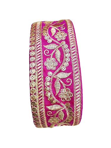 Image of Embroidery Gold Work with Sequence Design Lace Border Falls for Saree, Kurti, Dresses, Bandhani, Lehenga, Decorative Ribbon (6.5 cm Width) (6 Meter, Pink)