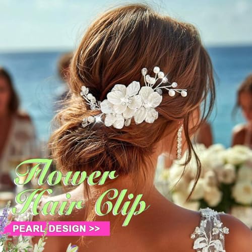 Pinza para cabello de boda con flor plateada y perla miniatura 3